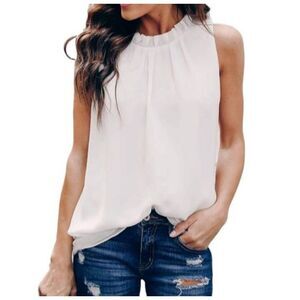 ALLIMY WHITE WOMEN SUMMER RUFFLE TRIM NECKLINE TANK TOPS DOUBLE LINED CHIFFON BL
